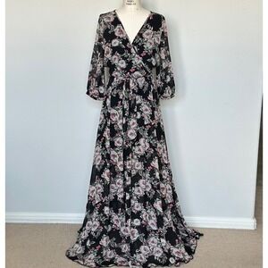 JODIFL Floral Print Wrap Maxi Dress Black Multicolor‎ Long Sleeve Boho Belted S